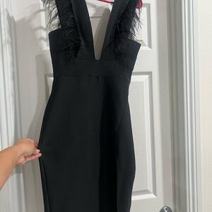 Fashion Nova Black Backless Dress with Feather Accents